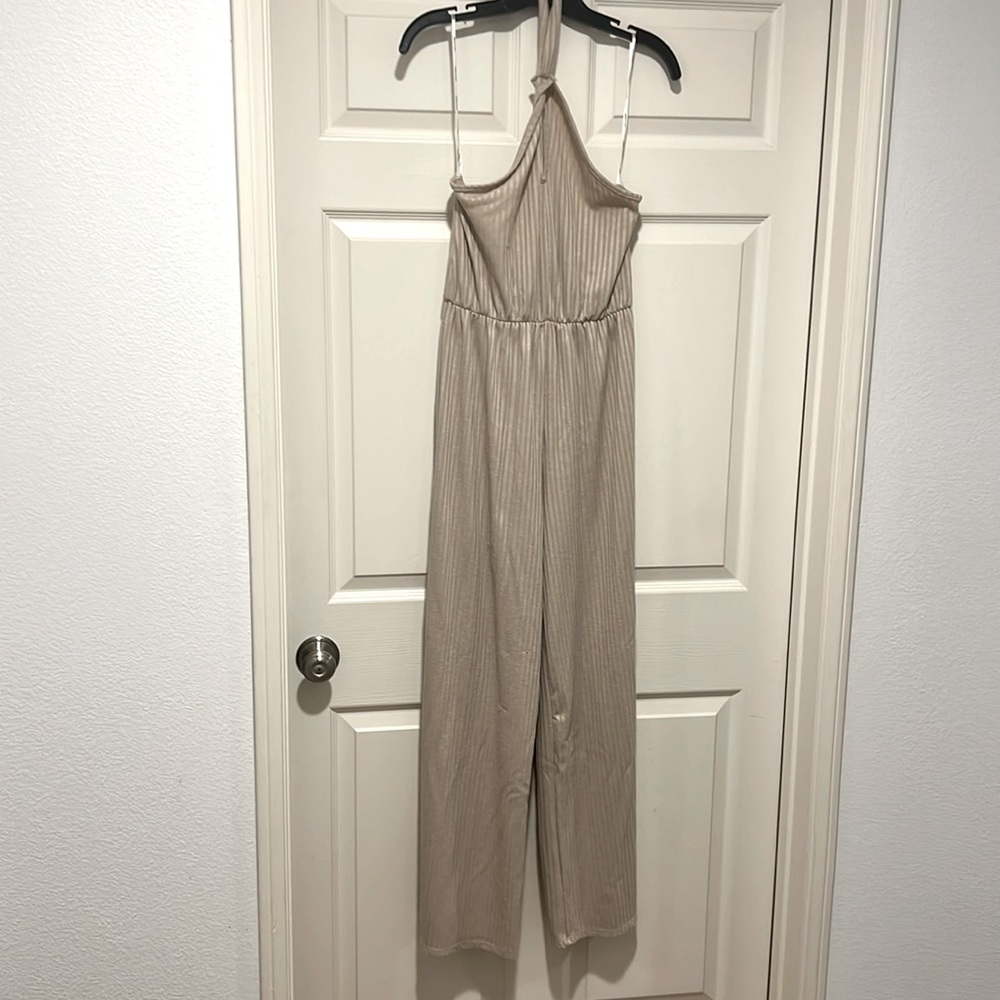 Beige keyhole choker halter pant jumpsuit